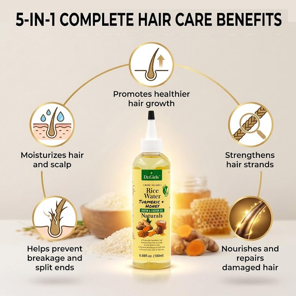 Dr. Girls Rice Water Hair Growth Oil with Biotin & Castor Oil for Scalp Soothing, Hydrating & Thickening, 6.08 fl oz(Turmeric + Honey)