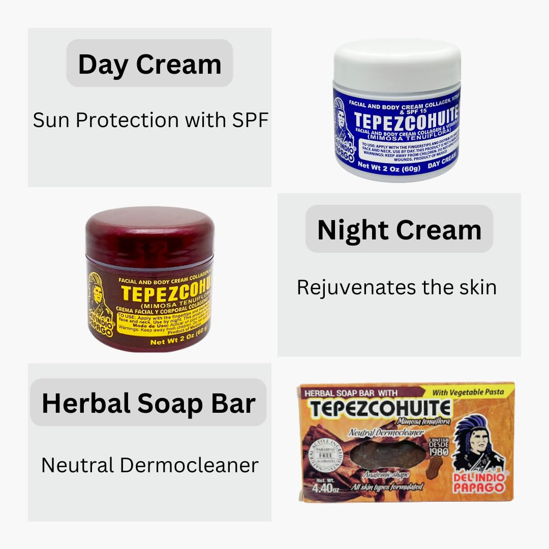 Del Indio Papago Anti Aging Combo Pack with Night Cream 2 oz, Day Cream 2 oz, and Tepezcohuite Natural Bar Soap - Skin Care Solution for All Types Beauty & Personal Care Del Indio Papago