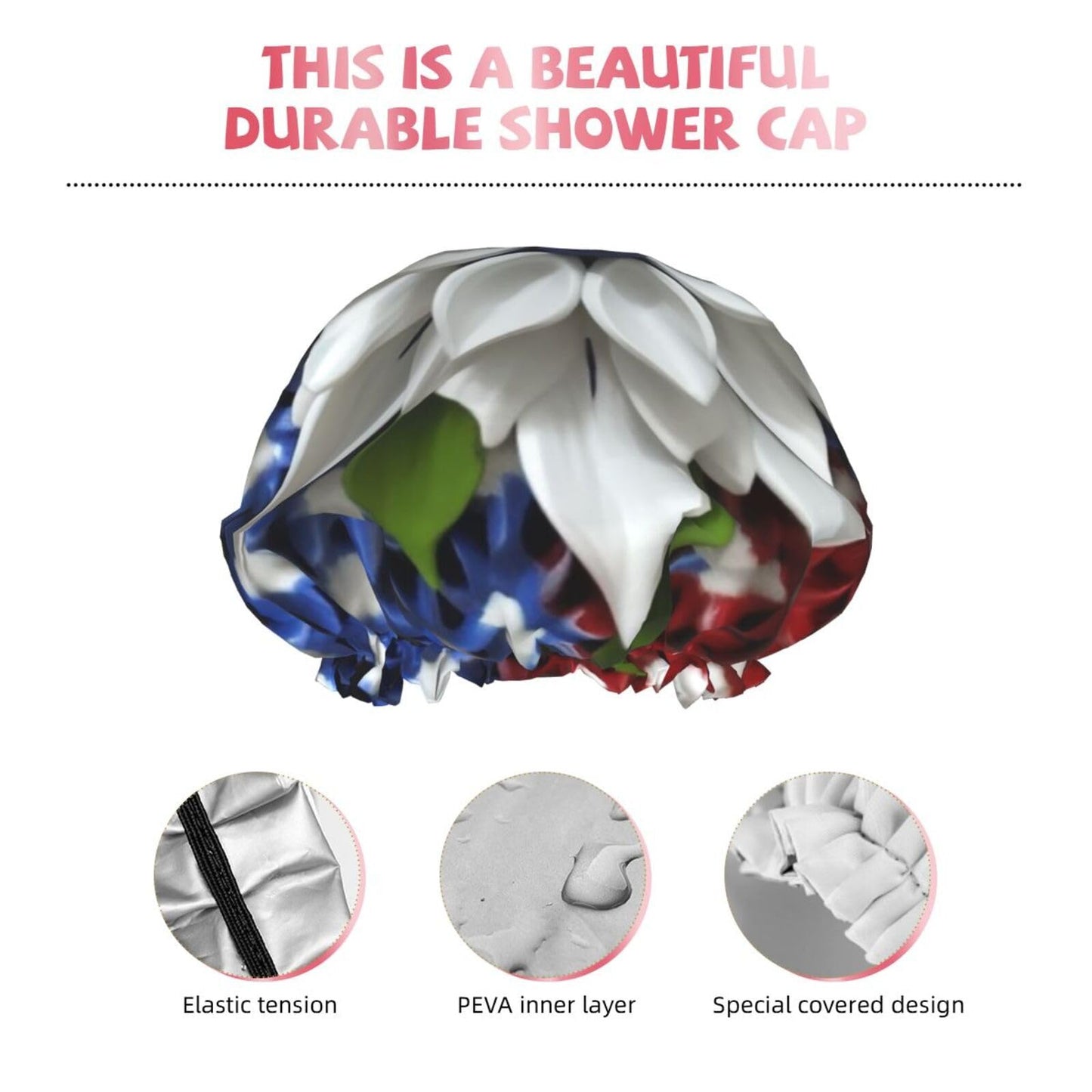 America Patriotic Flower Shower Cap for Women Men Large Reusable Shower Bonnet Double-Layer Waterproof Bath Caps Elastic Band Hair Hat for All Beauty and Personal Care BWLHJKE