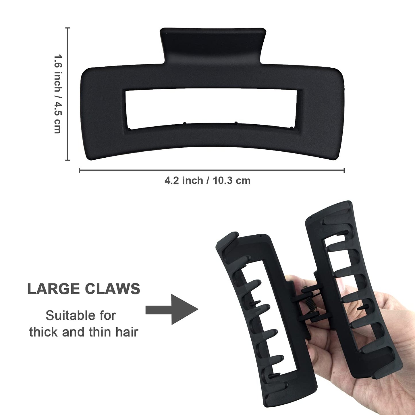 Black Hair Claw Clips for Women Girls, Large 4.2" Matte Rectangle Nonslip Jaw Clips for Thick and Thin Hair, 2 Packs Beauty & Personal Care MAORULU