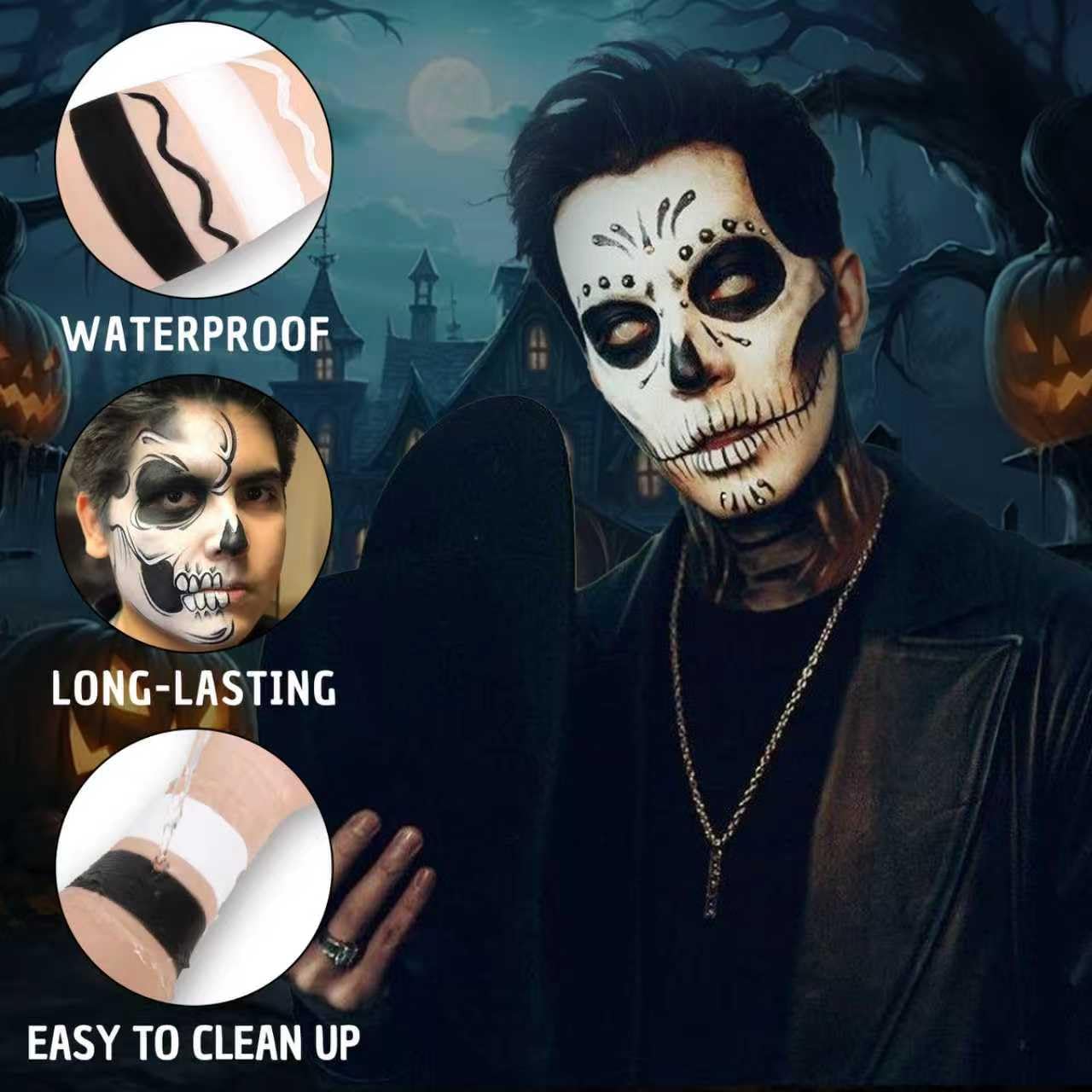 Halloween White Black Oil Face Body Paint Set, Halloween Skeleton Makeup Kit with 2 Brushes, Professional Black White Face Body Painting Kit Beauty & Personal Care VPCRT6