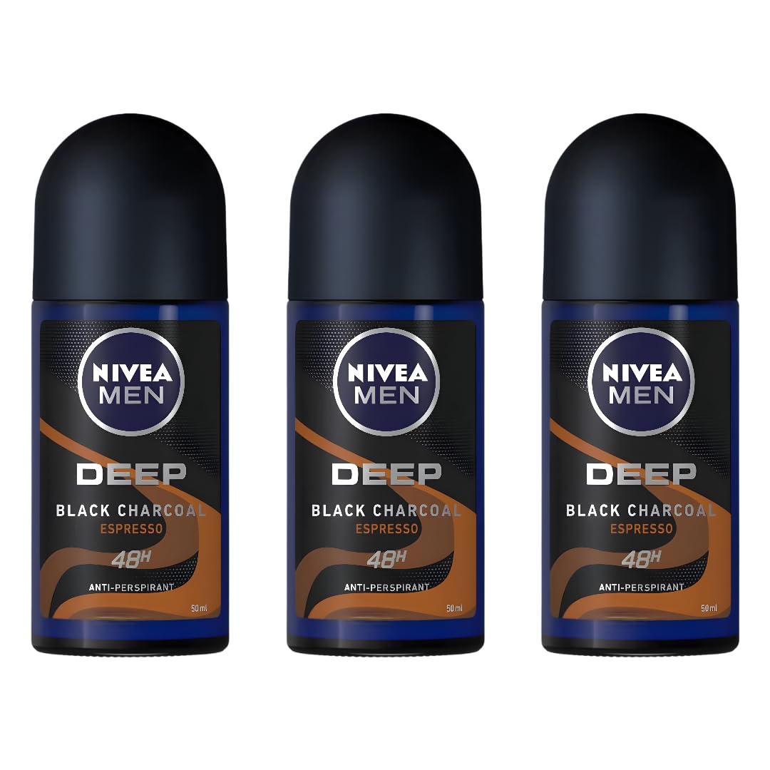 NIVEA MEN DEEP Black Carbon Espresso Anti-Perspirant Roll-On, 50 mL - 72-Hour Odor & Sweat Protection, No Visible Black Residue, Long-Lasting Espresso Beauty and Personal Care NIVEA