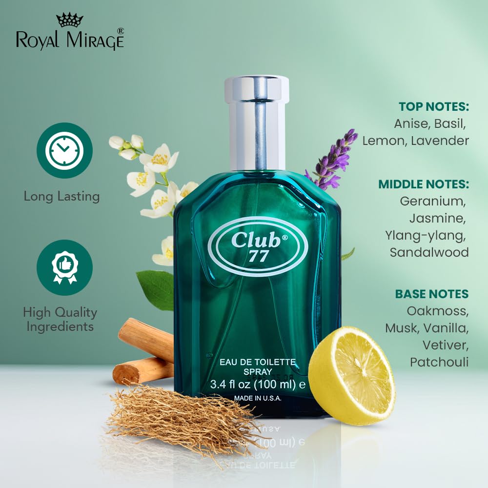 Royal Mirage Club 77 Eau de Toilette Spray for Men - Premium Masculine Cologne 100ml - Long-Lasting Fragrance with Anise, Jasmine & Sandalwood Beauty & Personal Care Royal Mirage