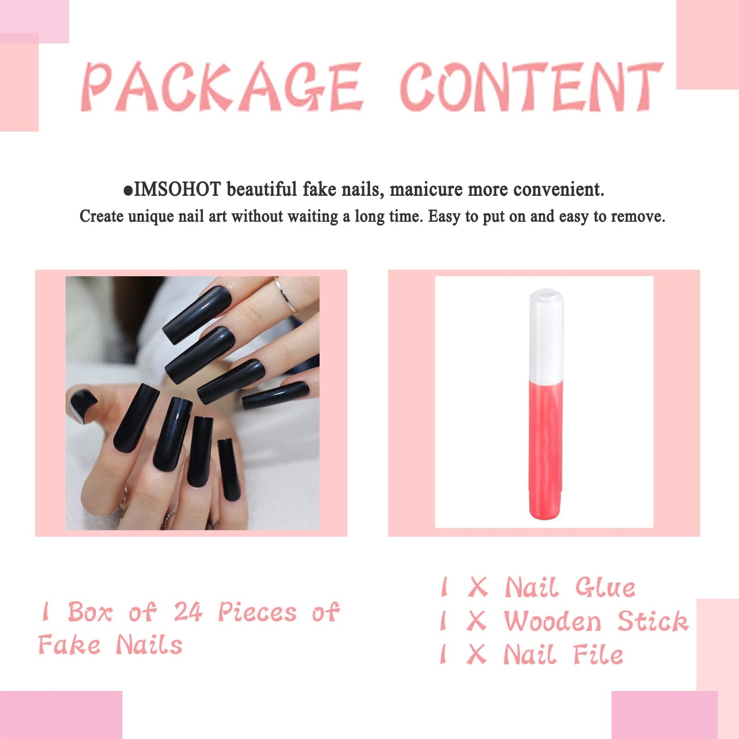 IMSOHOT 24Pcs Square Press on Nails Extra Long Squoval False Nails Black Fake Nails Full Cover Solid Color Acrylic Nails for Women Beauty & Personal Care IMSOHOT
