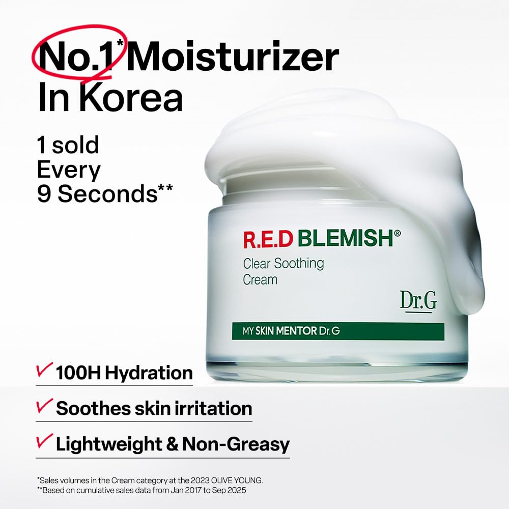 Dr. G R.E.D. Blemish Clear Soothing Cream - Calming Korean Moisturizer for Redness - Soothes Acne & Irritation - With Centella Asiatica - Long-Lasting Beauty & Personal Care Dr.G