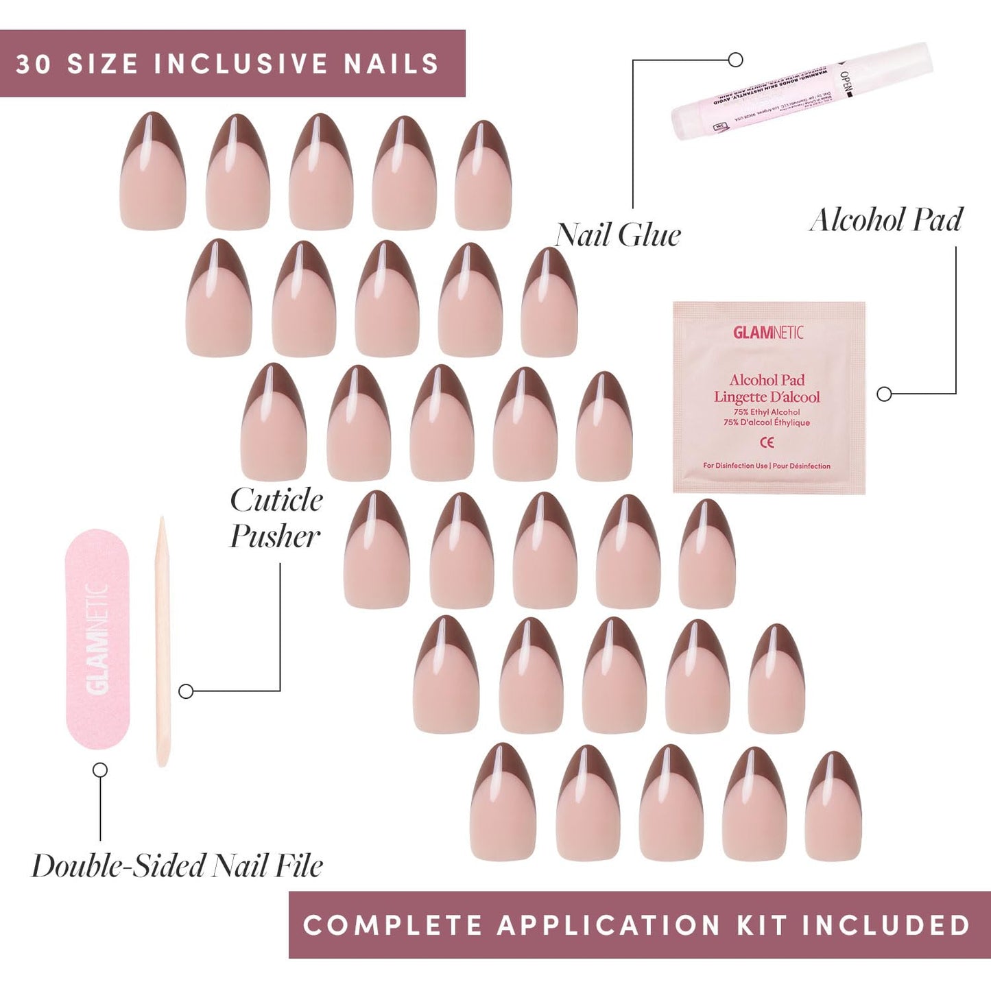 Glamnetic Press On Nails - Chocolat | Semi-Transparent Dark Brown French Tip Short Almond Fake Nails in a Glossy Finish, Salon Quality | 15 Sizes - 30 Beauty and Personal Care Glamnetic