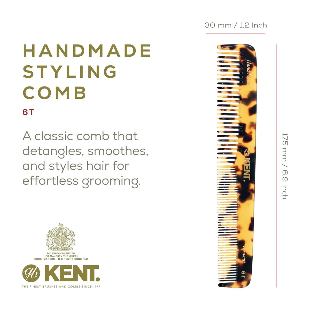 Kent 6T TY Fine Tooth and Wide Tooth Hair Comb, Handmade Styling Comb for Hair Care, Barber Combs, Beard Combs For Men, Styling Grooming for Men,