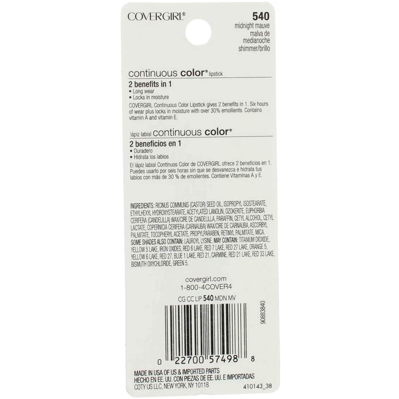 COVERGIRL Continuous Color Lipstick Midnight Mauve 540, .13 oz (packaging may vary) Beauty & Personal Care COVERGIRL