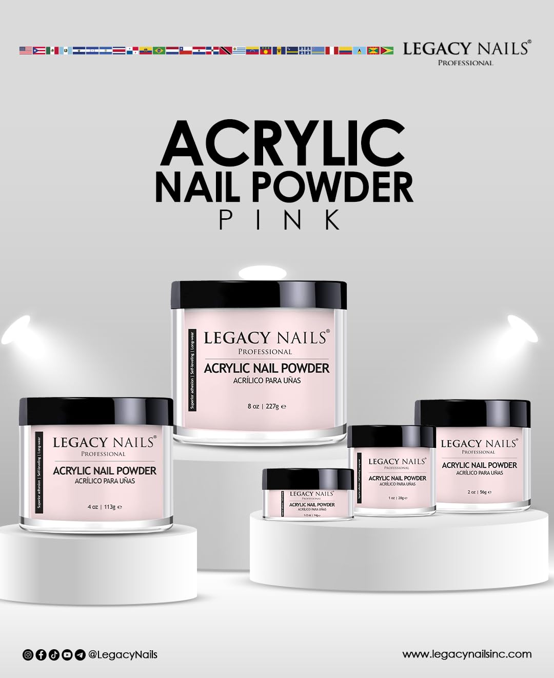 Legacy Nails Professional Pink Acrylic Powder, Net Wt. 8 oz. - French Manicures, Blending Cover Acrylics Nail Extension Colors, Natural Pink Finish