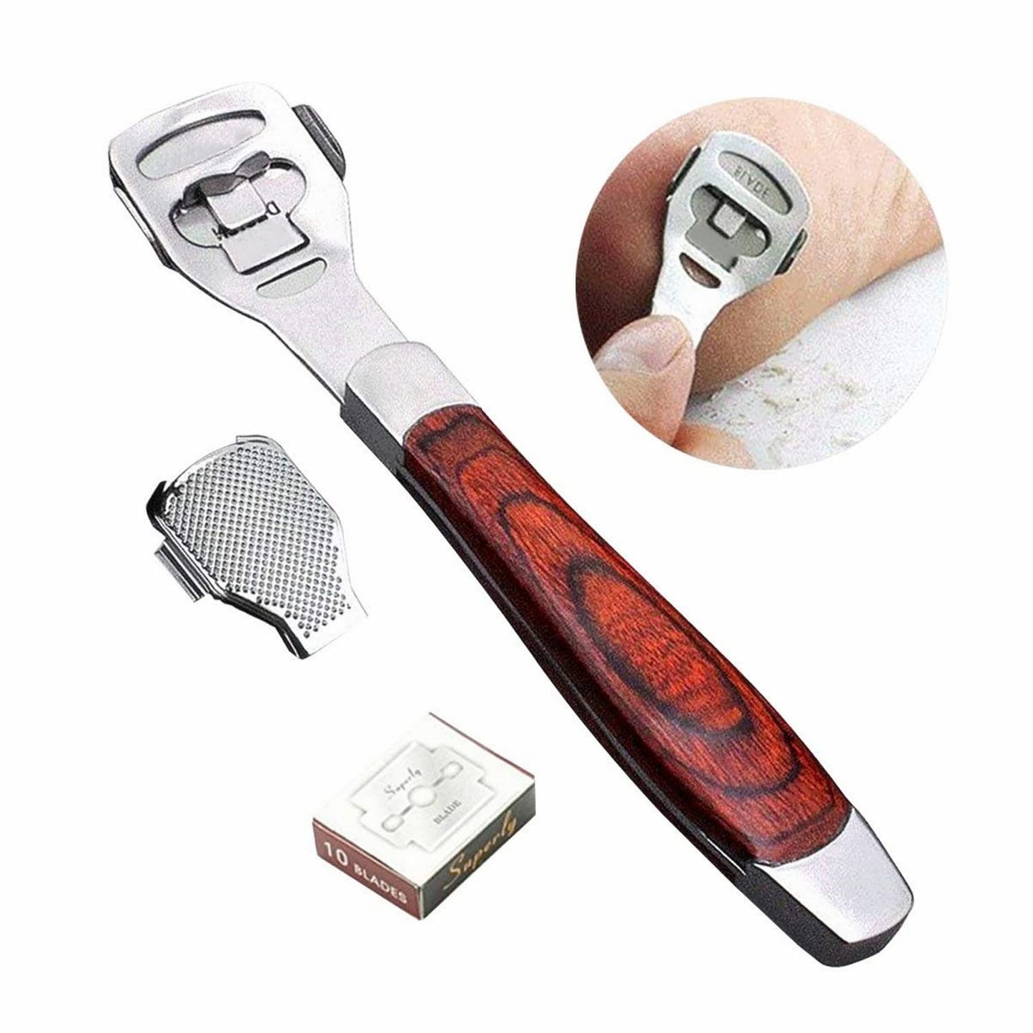 BEINY Stainless Steel Callus Shaver Pedicure Dead Hard Skin Remover Heel Razor Wooden Handle Cutter with Skin Rub & 10 Blades for Foot Care, Removing Beauty & Personal Care BEINY