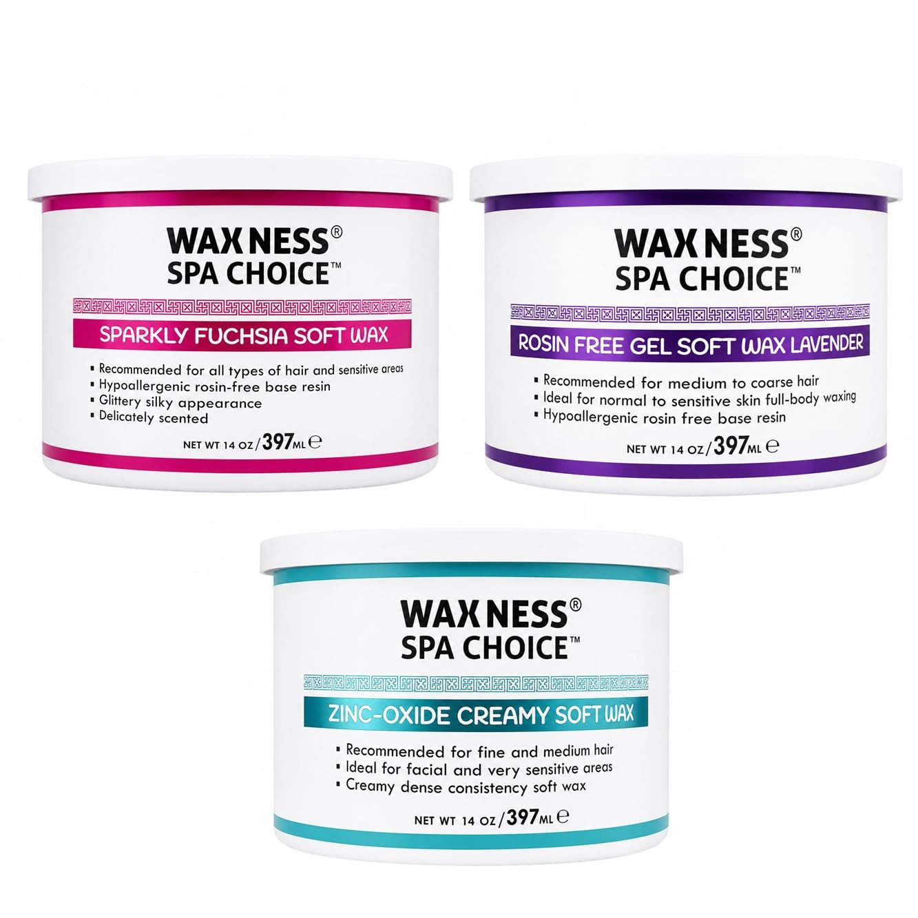 Waxness Spa Choice Assorted Soft Wax Tins 14 oz Pack of 3 - Rose, Lavender Zinc Oxyde Beauty and Personal Care Waxness