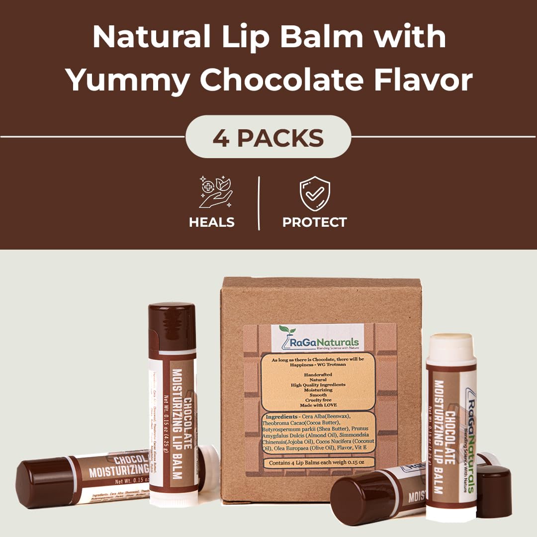 RaGaNaturals Natural Chocolate Lip Balm - Beeswax, Shea Butter, Jojoba Oil, Vitamin E - Smooth, long lasting Hydration, Moisturization for Dry Beauty and Personal Care RaGaNaturals