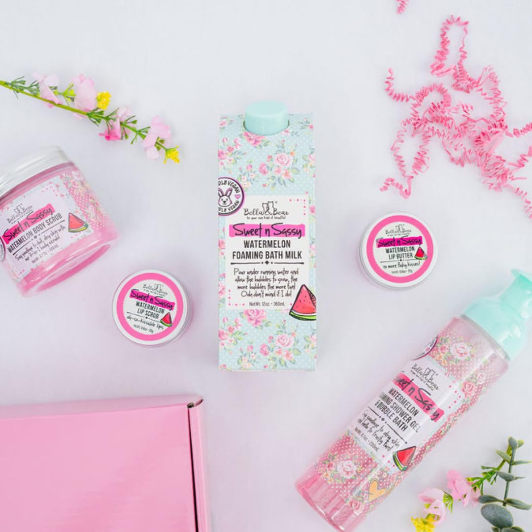 Bella & Bear Sweet 'n' Sassy Watermelon Mega Bath & Body Gift Set with Foaming Shower Gel & Bubble Bath, Bath Milk, Body Scrub & Lip Scrub and Lip Beauty and Personal Care Bella and Bear