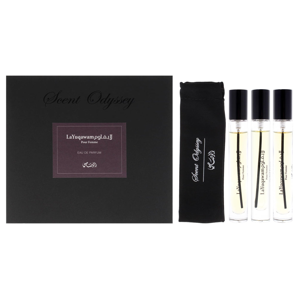 Rasasi Scent Odyssey La Yuqawam for Women | 3-Piece Mini Gift Set | Includes 0.25oz La Yuqawam Pour Femme EDP Spray, | 0.25oz Jasmine Wisp EDP Spray