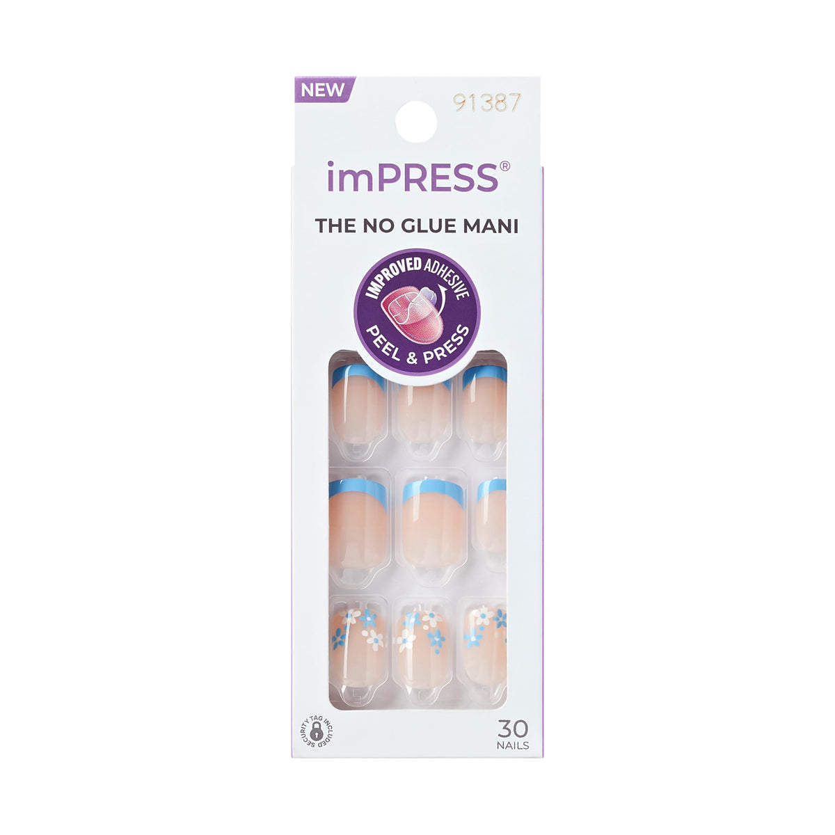 Kiss Impress No Glue Mani Press On Nails, French, 'Snooze', Blue, Short Size, Squoval Shape, Includes 30 Nails, Prep Pad, 1 Manicure Stick, 1 Mini