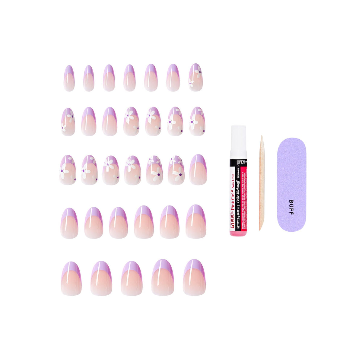 Kiss CORE, Press On Nails, Nail glue included, 'Chasing Sunshine', Pink, Medium Size, Almond Shape, Includes 32 Nails, 2g glue, 1 Manicure Stick, 1