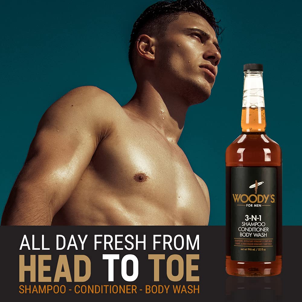Woody's 3-in-1 Shampoo, Conditioner & Body Wash for Men - Men's All-in-One Hair & Body Cleanser with Aloe Vera, Marine Extracts & Cucumber Extract,