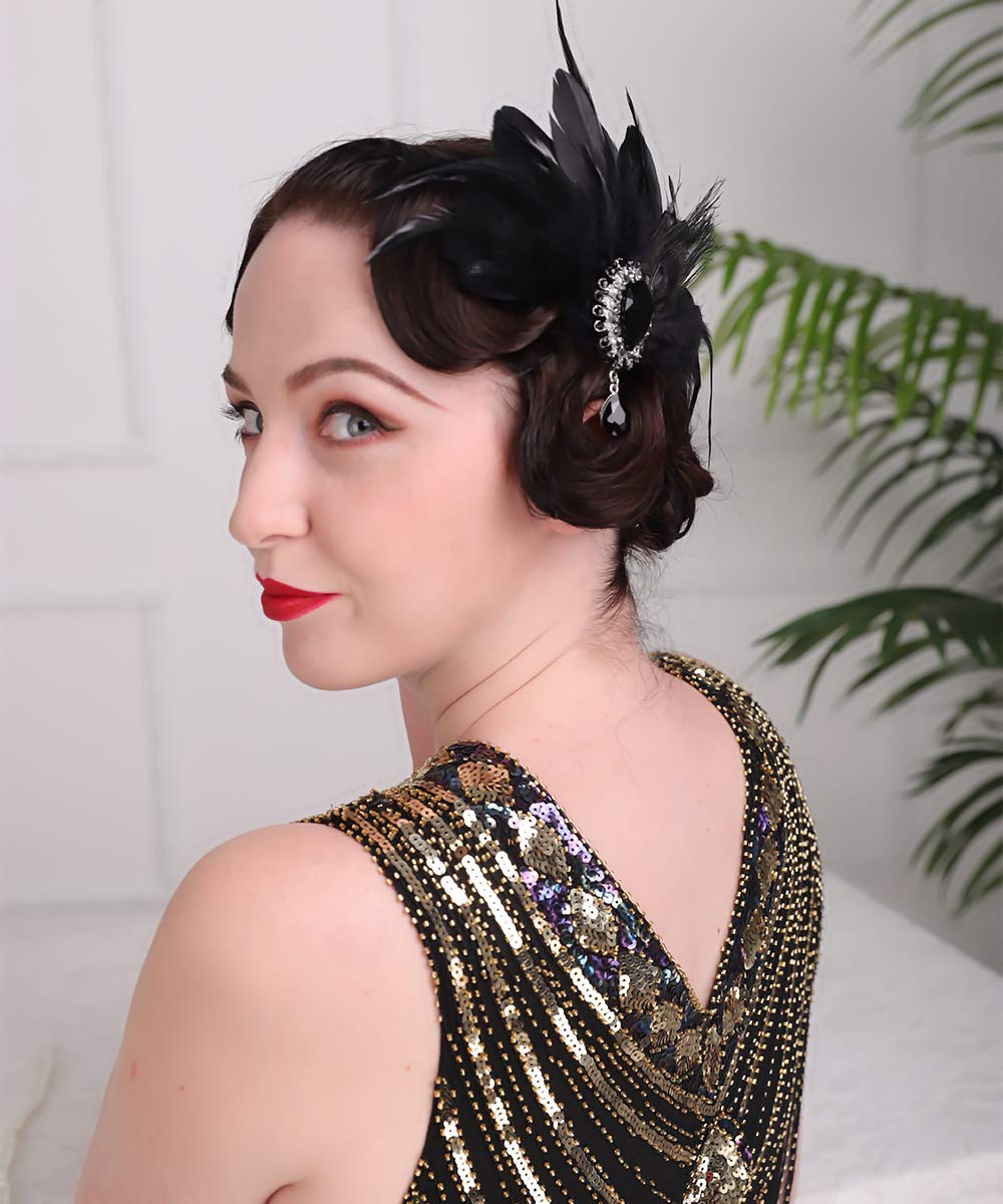 Aimimier 1920s Flapper Feather Hair Clip Black Roaring 20s Headpiece Costume Masquerade Hair Jewelry for Women and Girls (Style 1) Beauty & Personal Care Aimimier