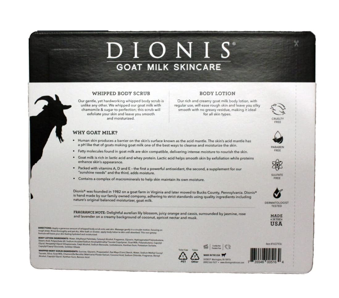 Dionis Goat Milk Bath & Body Set, 3 Piece Set - 1 oz. Body Lotion / 2 fl oz. Whipped Body Scrub x2, Cruelty & Paraben Free, Dermatologist Tested Beauty & Personal Care Dionis