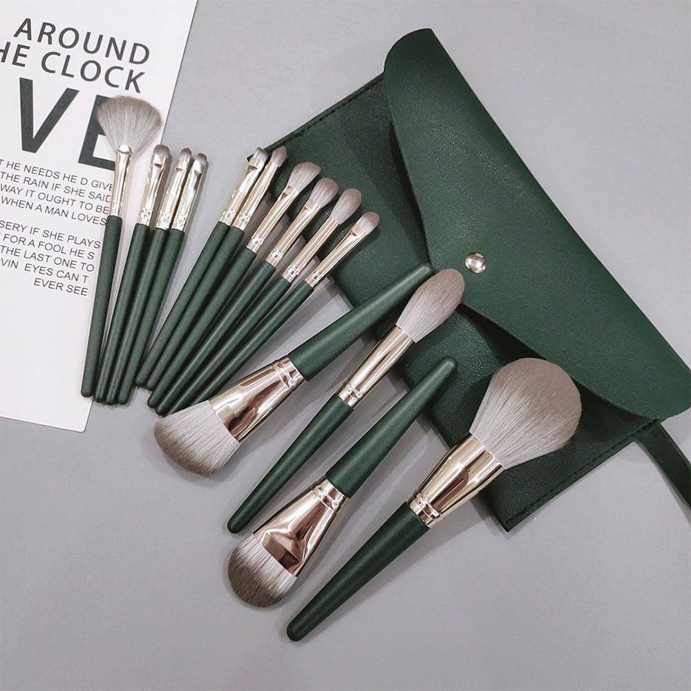 Makeup Brushes 14-Piece Set – Premium Synthetic Cosmetic Brushes for Foundation, Blush, Concealer & Eyeshadow, Travel Bag Included, Green Beauty & Personal Care Aywenny