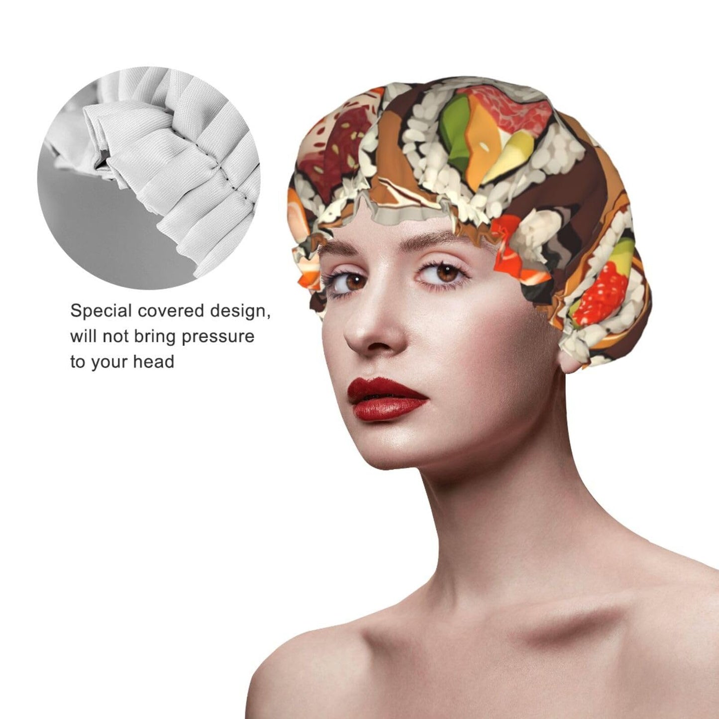 Many Sushi Food Shower Cap For Women Reusable Double Layers Bathing Bath Cap Hair Caps Waterproof Elastic Band Ladies Spa Salon Shower Hat Hair Caps Beauty and Personal Care GDSHJKLW