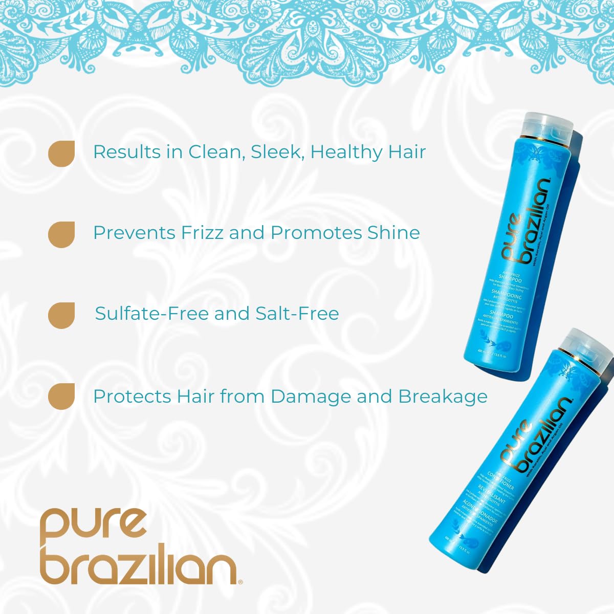 Pure Brazilian Anti-Frizz Daily Shampoo & Conditioner, Salt-Free & Color Safe, Enriched with Keratin, Argan Oil & Acai, 13.5 Ounce (400 Milliliter) Beauty & Personal Care Pure Brazilian
