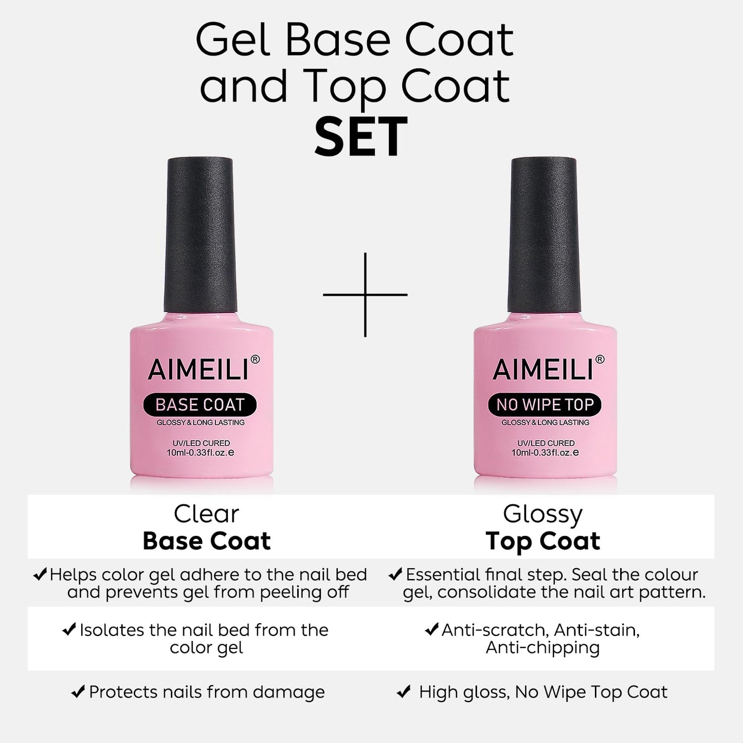 AIMEILI Gel Nail Polish No Wipe Top and Base Coat Set Shine Finish Long Lasting Soak Off Gel Nail Lacquer - 2 x 10ml Beauty & Personal Care AIMEILI