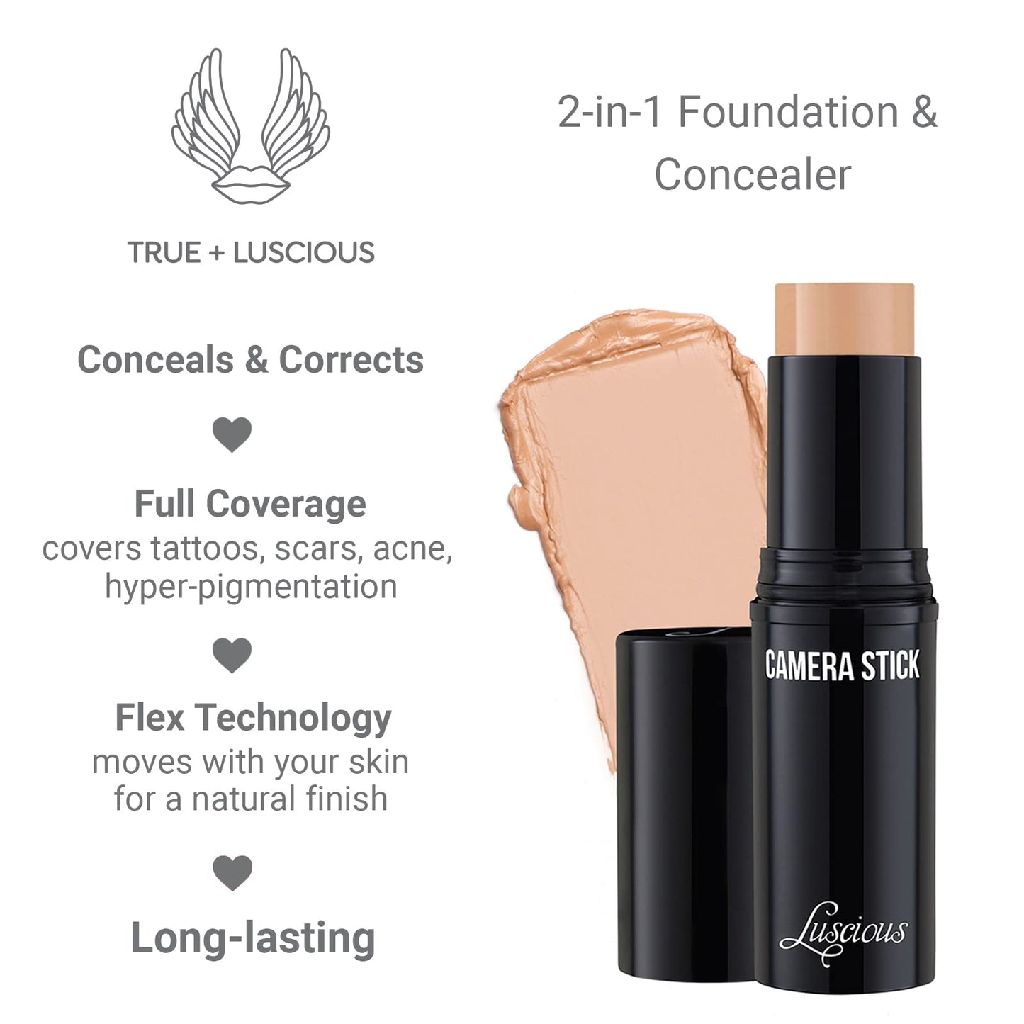 Camera Stick Foundation by True + Luscious - Full Coverage Cream Foundation - Non-Comedogenic & Hydrating Formula - Vegan, Paraben Free, & Cruelty Beauty & Personal Care True + Luscious