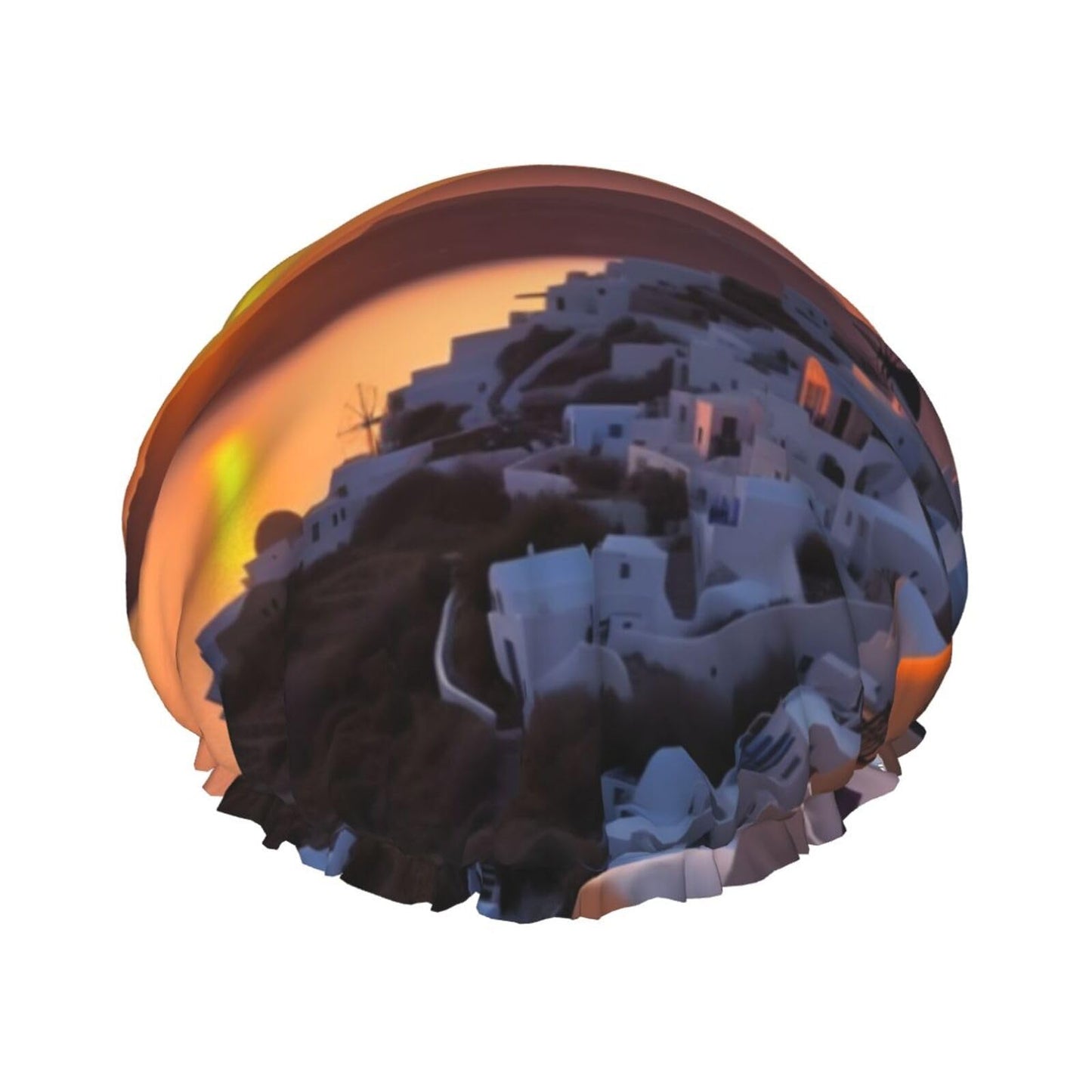 Greece Island Sunset Landscape Shower Cap for Women Men Large Reusable Shower Bonnet Double-Layer Waterproof Bath Caps Elastic Band Hair Hat for All Beauty and Personal Care BWLHJKE