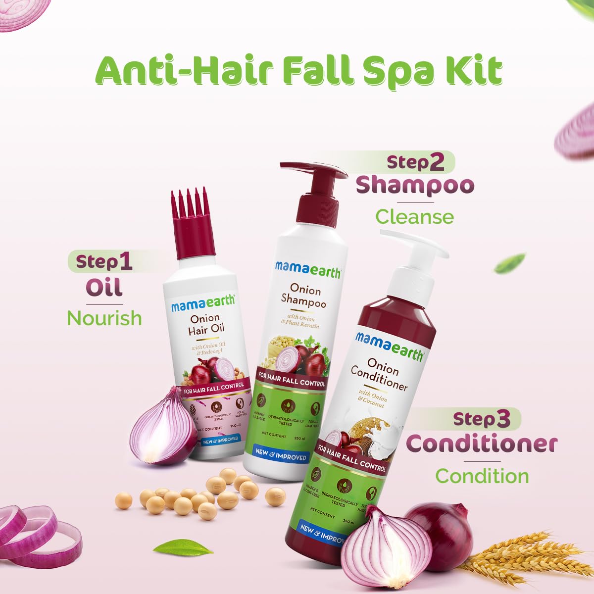 Mamaearth Onion Hair Care Kit - Hair Fall Control with 150ml Onion Oil & Shampoo + Conditioner (250ml Each) | Anti Hair Loss & Growth Formula | 3 Beauty & Personal Care MAMAEARTH