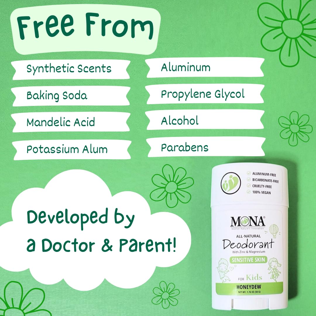 MONA Honeydew Natural Deodorant for Kids, Preteens & Teens, Aluminum Free, Gluten and Baking Soda Free, Gentle for Sensitive Skin, Vegan Kids Beauty and Personal Care MONA