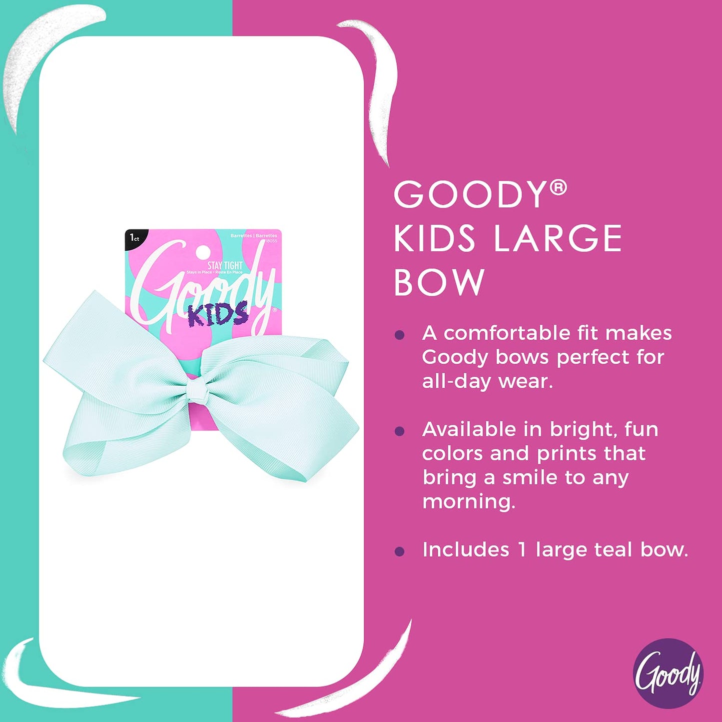 GOODY Kids Large Teal Bow Barrette - Stay Tight Closure - Comfort Fit - All Hair Types - 1 Count (Pack of 1) - Children, Unisex Beauty & Personal Care GOODY