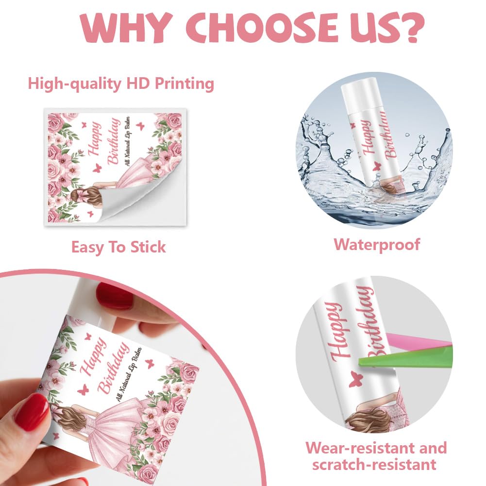 Peacoblue 160Pcs Lip Balm Labels Sticker for Tubes 2.1"x1.7" Girls Birthday Flowers with Wish, 8 Styles Waterproof Chapstick Labels Glossy Beauty and Personal Care peacoblue