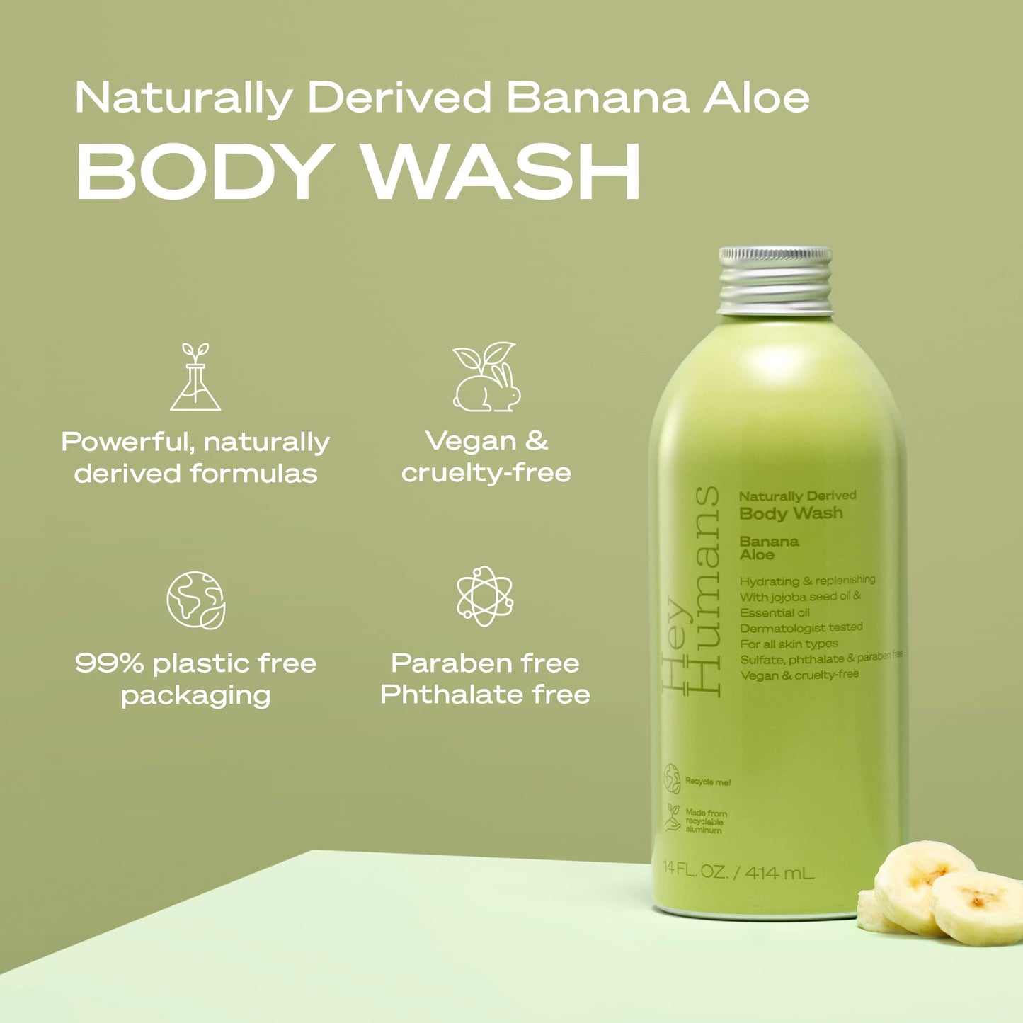 Hey Humans Banana Aloe Moisturizing Body Wash with Natural Ingredients & Jojoba Oil | Clean, Vegan, Sulfate Free Bath & Body Wash for Women & Men | Beauty & Personal Care HEY HUMANS