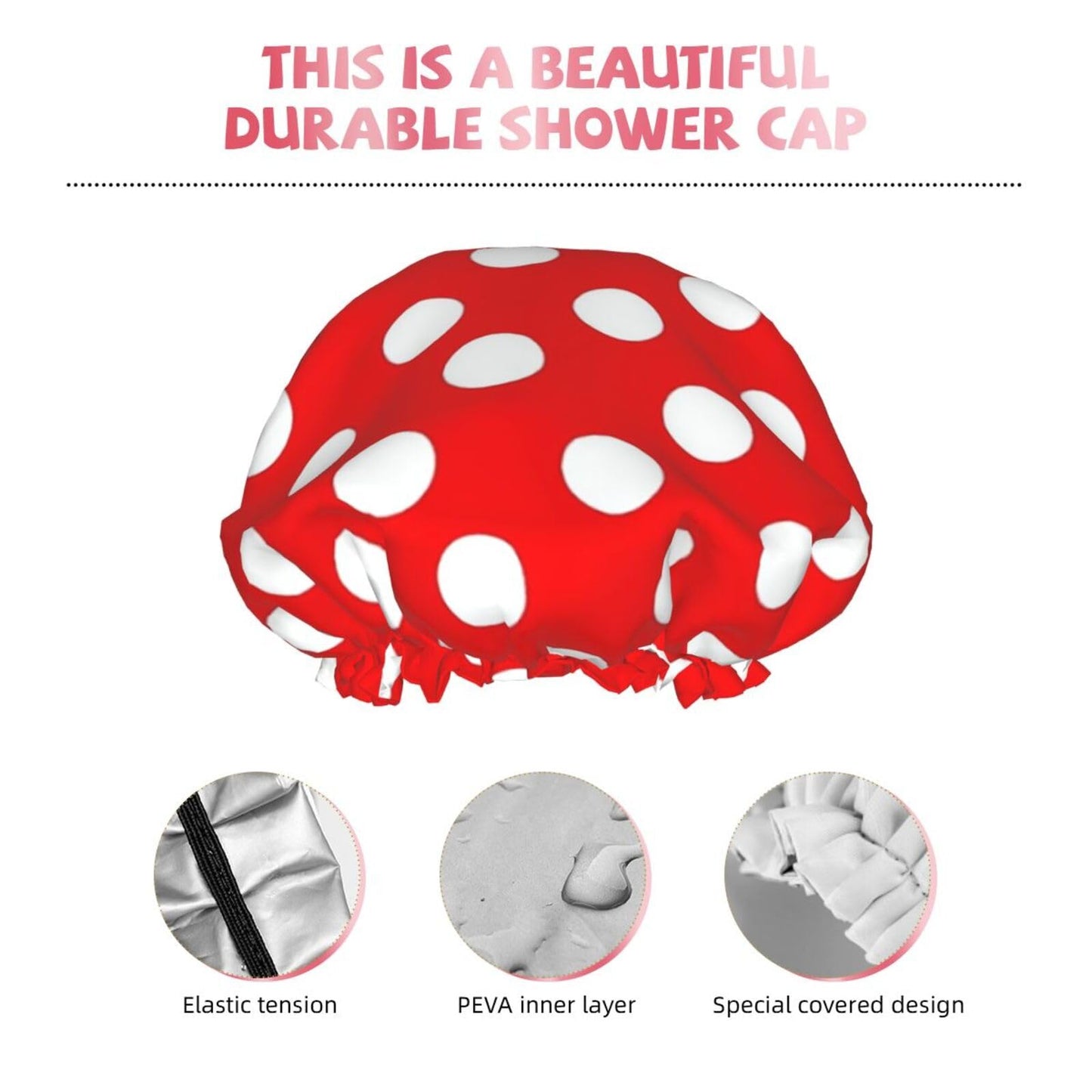 Red And White Polka Dots Shower Cap Reusable Waterproof Shower Bonnet for Women Men Elastic Band Bath Hair Hat Double Layered Washable Bath Cap Beauty and Personal Care FHEBNDS
