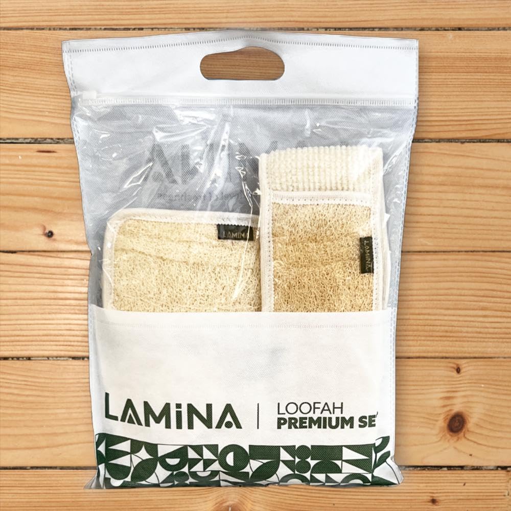 4 PCS - Lamina Natural-Organic, Loofah Sponge, Body Scrubber, Shower Beth Loofah (Back Long, Double Sided Mitt, Mini Mitt and Face loofah) Beauty and Personal Care Veteran Textile Towels
