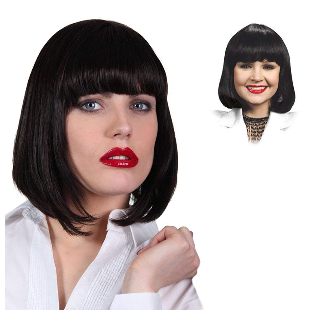 Joan Short Pageboy color NEON BLUE - Enigma Wigs Straight Bangs Curled Ends Women Page Bob Cosplay Disco Bundle Costume Wig Care Guide
