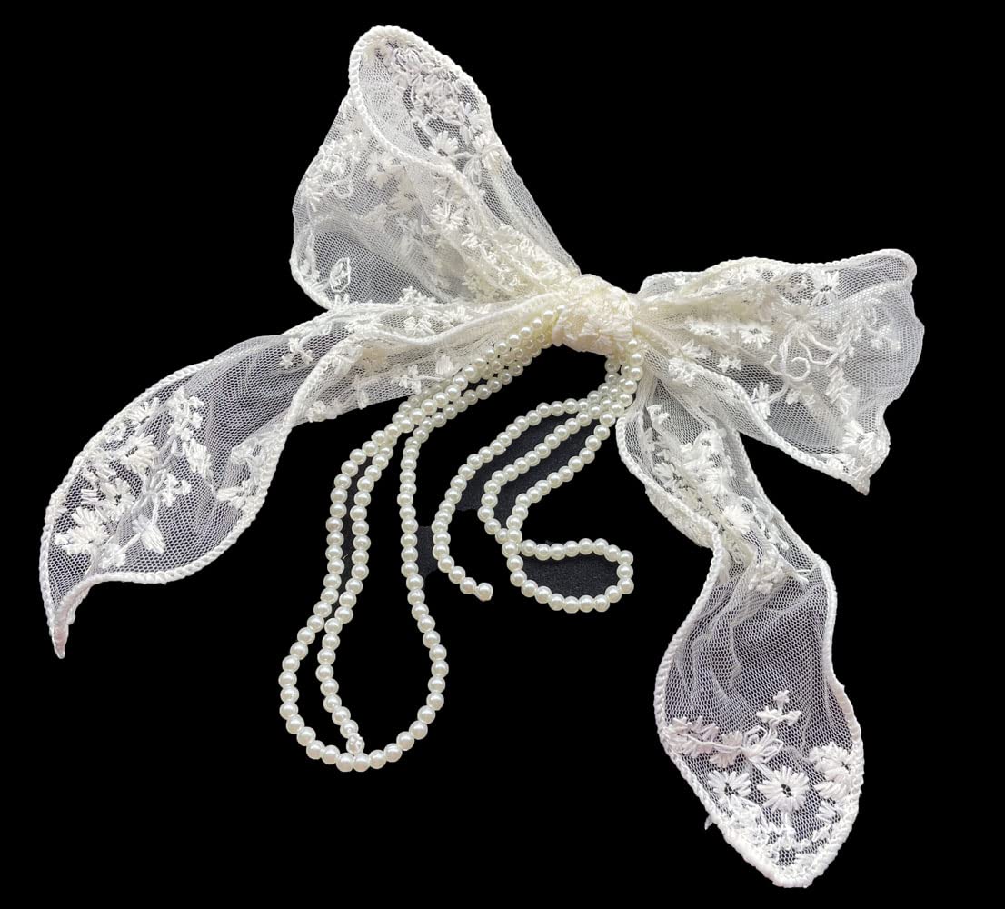 Sovenny 3 Pieces Lace Bow Pearl Chain Hair Clips Flower Embroidery Non Slip Hair Bow Barrettes for Women and Girls (White, Beige, Black) Beauty & Personal Care Sovenny