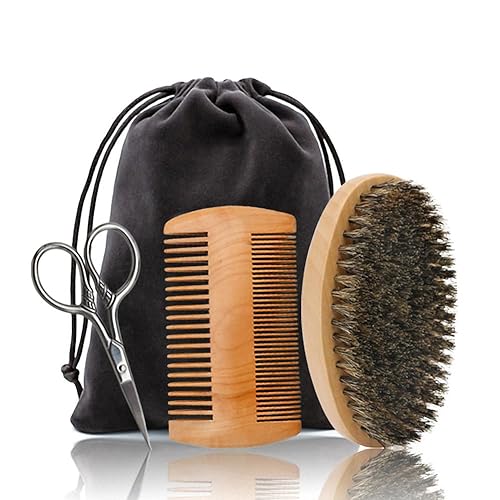 Hair Dough Beard Brush & Comb, Scissors Set for Men, Set Includes Soft Boar Bristle Brush, Bamboo Wide Tooth Comb, and Mustache Trimming Scissors Beauty & Personal Care AOHO MOOON