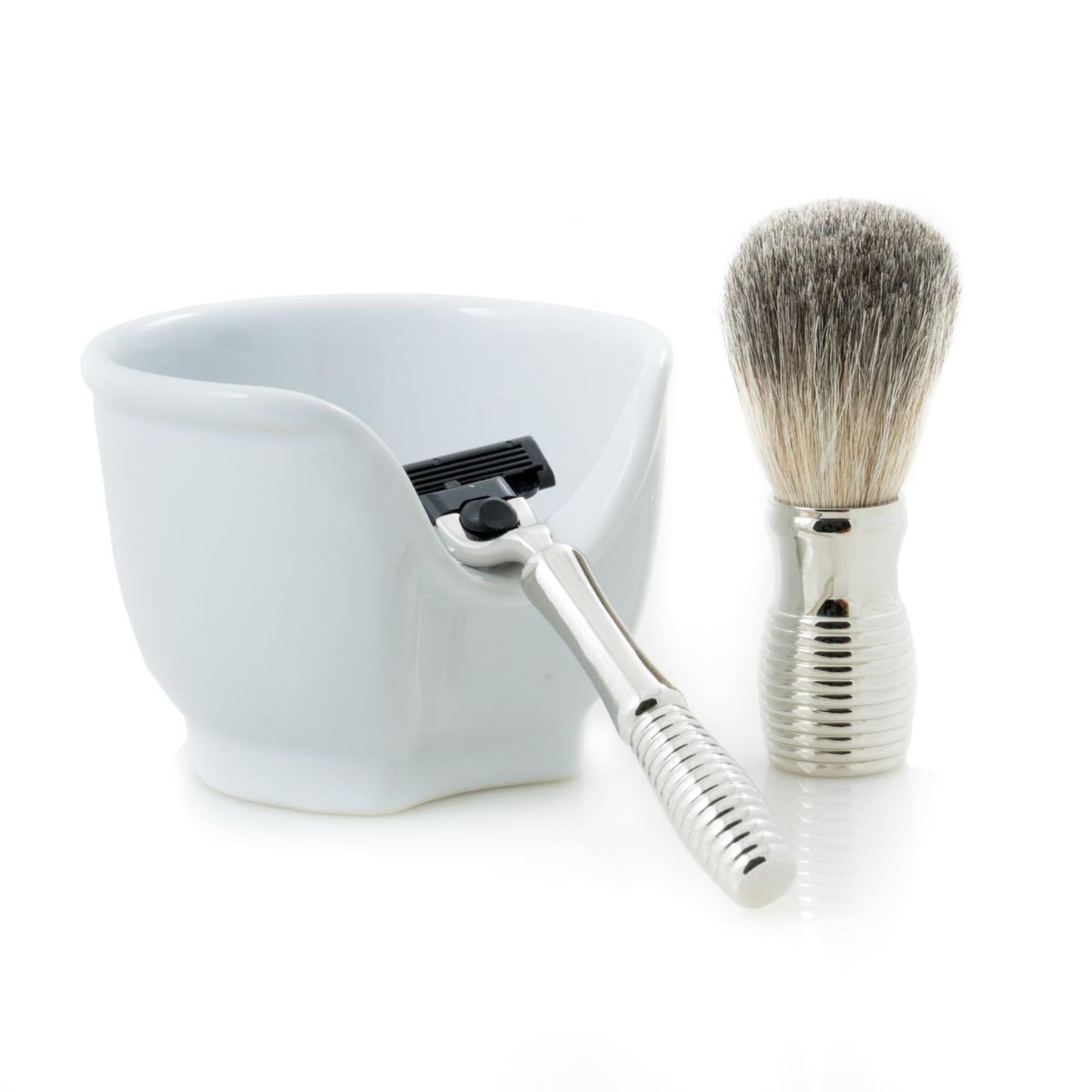 Bey-Berk Harvey 3-Piece Chrome Shaving Set, Razor and Pure Badger Brush with White Porcelain Soap Bowl, Compatible with Mach 3 Razor Blades Beauty and Personal Care Bey-Berk