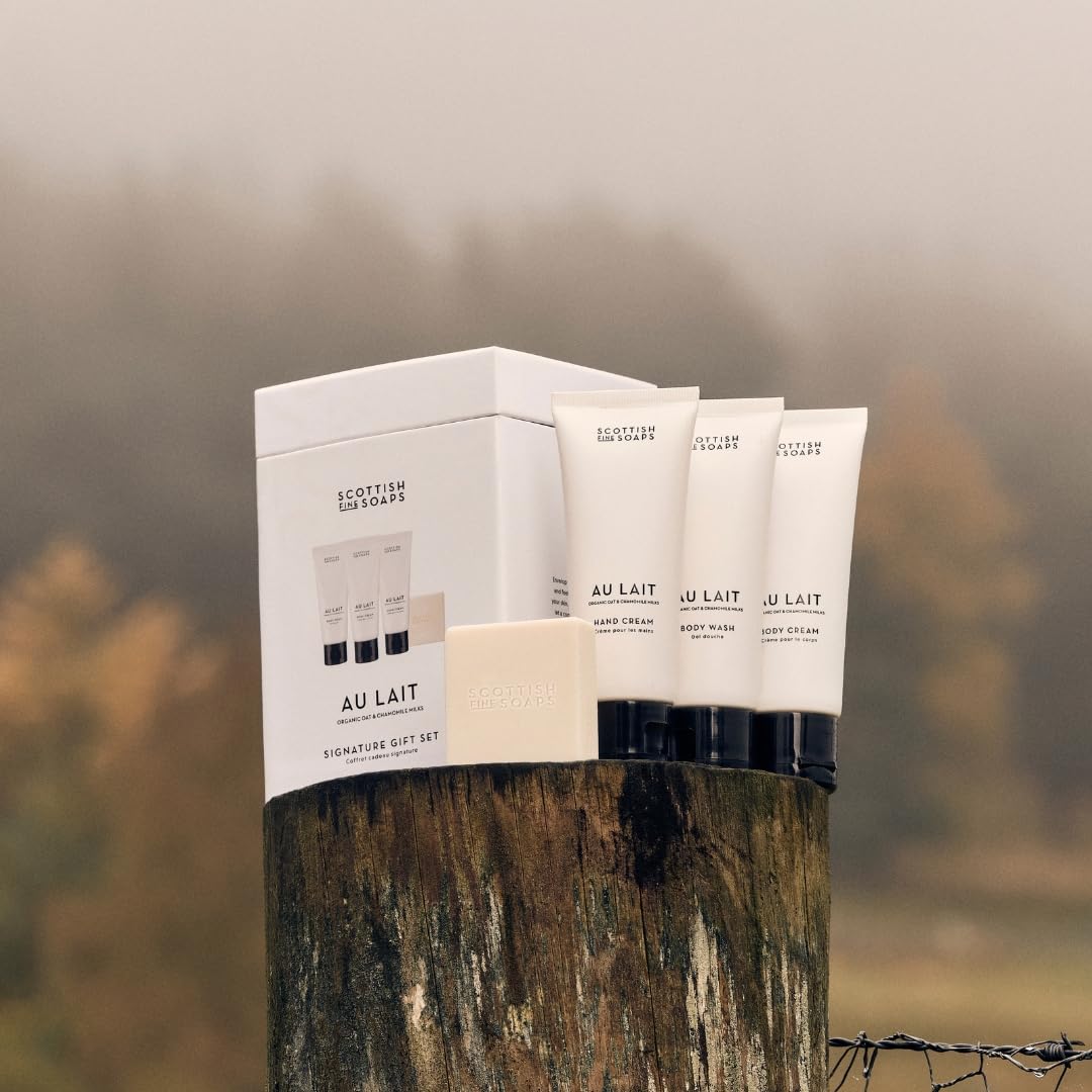 Scottish Fine Soaps Au Lait Luxury Gift Set, Body Wash, Body Cream, Hand Cream with Chocolate, Coconut, Sandalwood Fragrance, Vegan Beauty and Personal Care Scottish Fine Soaps