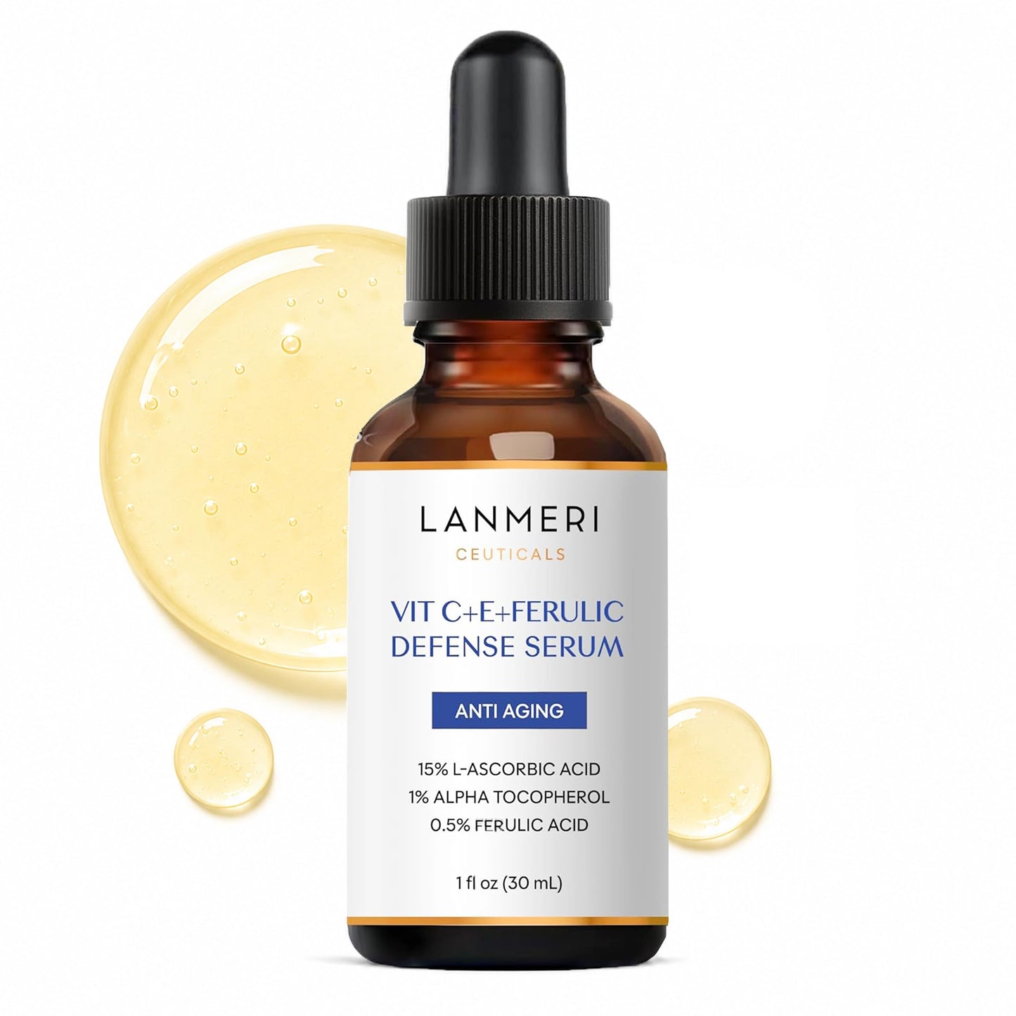 Lanmeri Ceuticals 15% Vitamin C + E + Ferulic Serum: Advanced Antioxidant Defense Formula with 1% Vitamin E & 0.5% Ferulic Acid - High-Stability Beauty & Personal Care Lanmeri