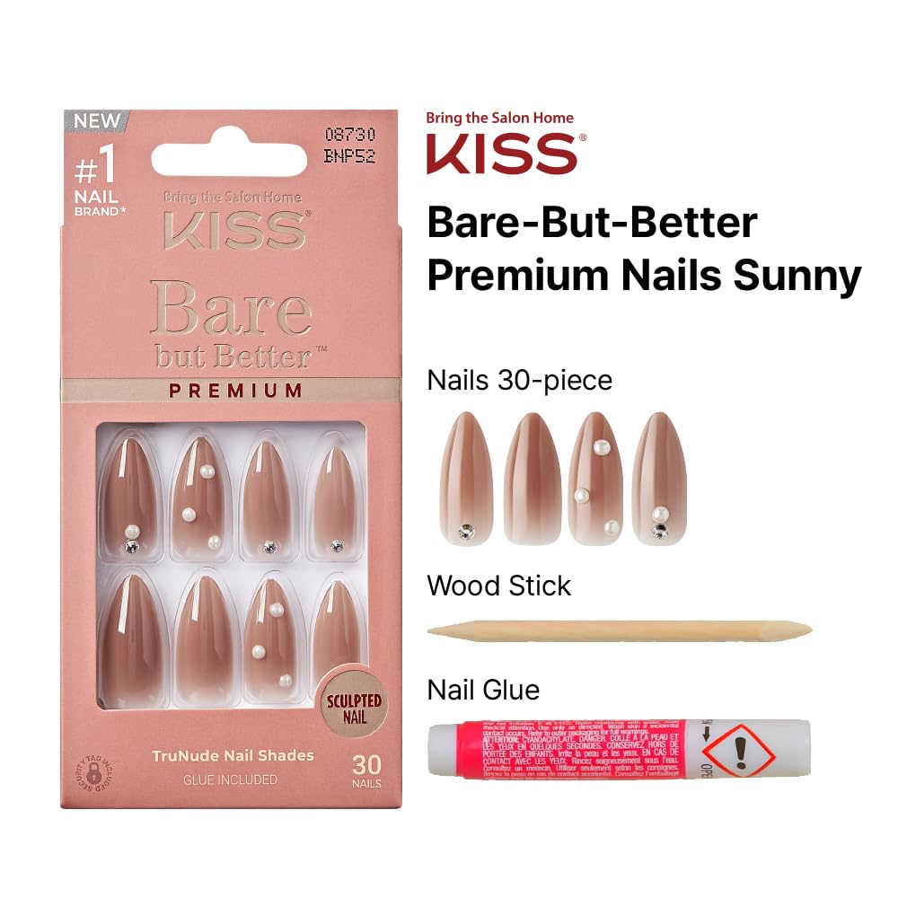 KISS False Nails Kit, Bare but Better Ready to Wear Sculpted Nails, Stick and Glue Included, Long Length, Almond Shape with Pearl Rhinestones