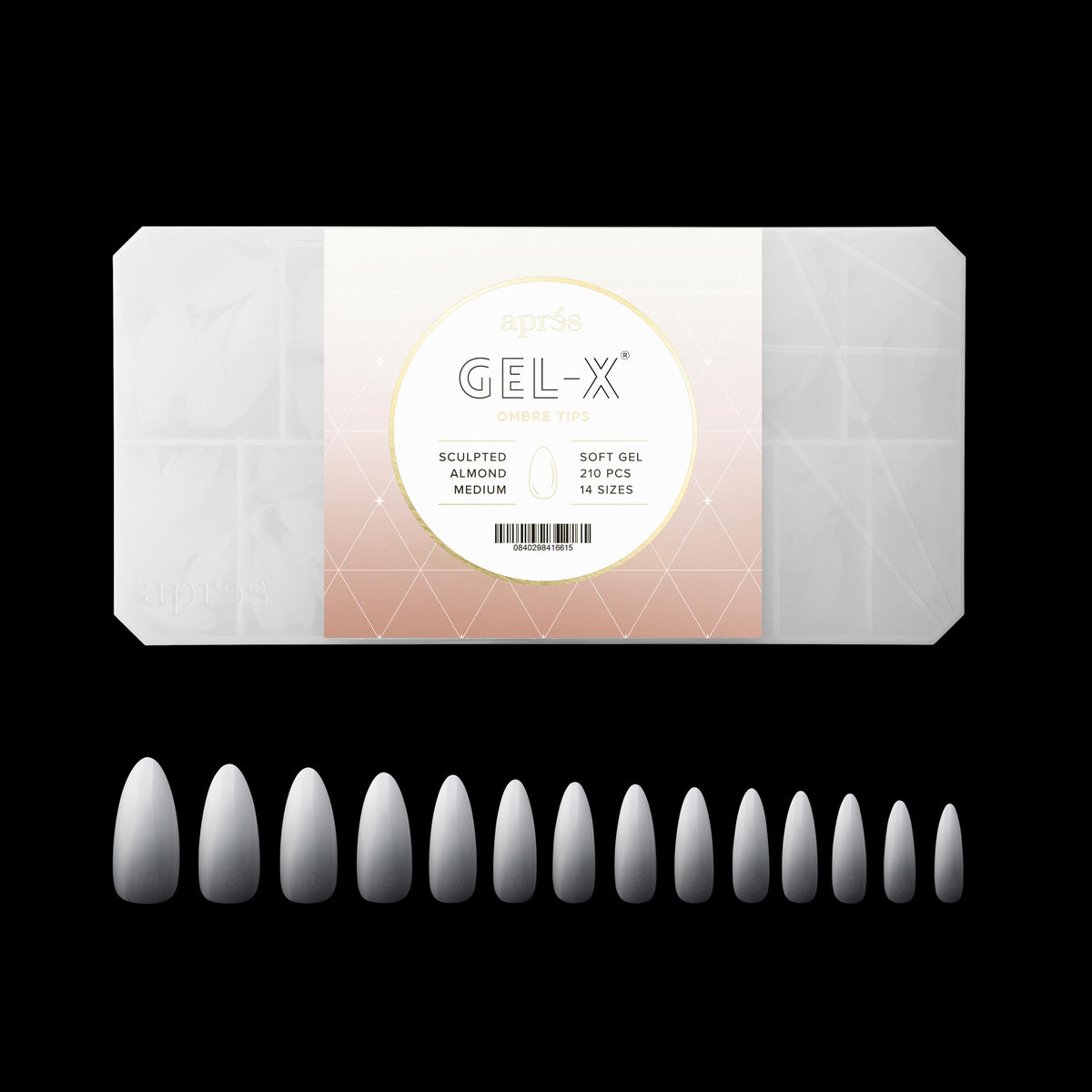 Apres Ombre Gel-X® Box of Nail Tips, 14 Sizes 00-9, Premium Quality (Sculpted Almond Medium, 210 Count)