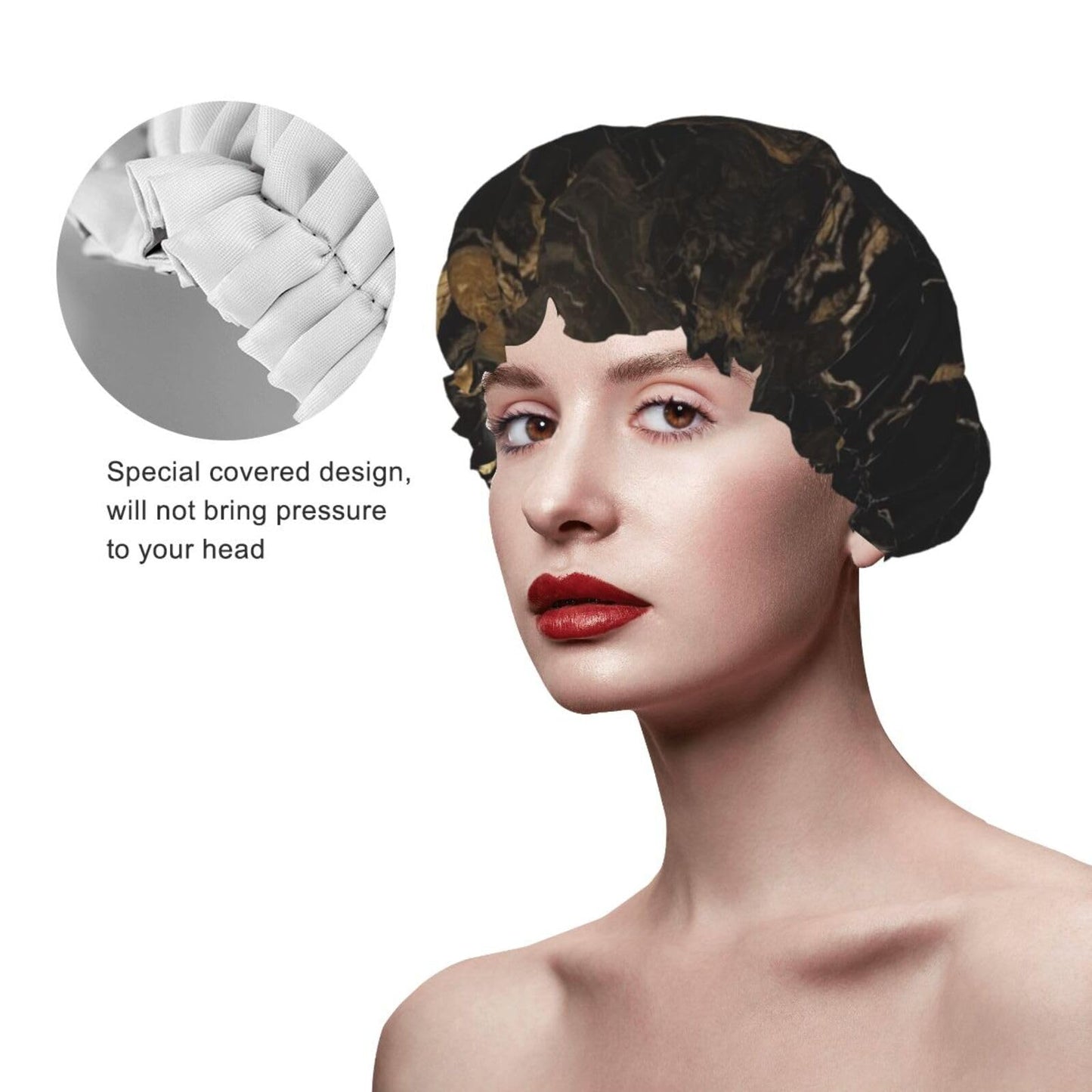 Gold Black Marble Shower Cap for Women Men Large Reusable Shower Bonnet Double-Layer Waterproof Bath Caps Elastic Band Hair Hat for All Hairstyles Beauty and Personal Care BWLHJKE