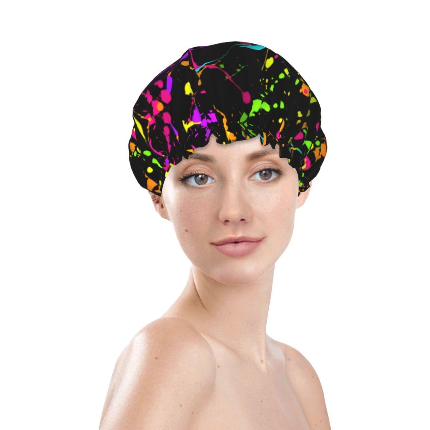 Glow in Dark Splatter Neon Shower Cap Reusable Double Waterproof Layers Bathing Shower Hat Hair Protection Shower Hat Beauty and Personal Care Wegphh