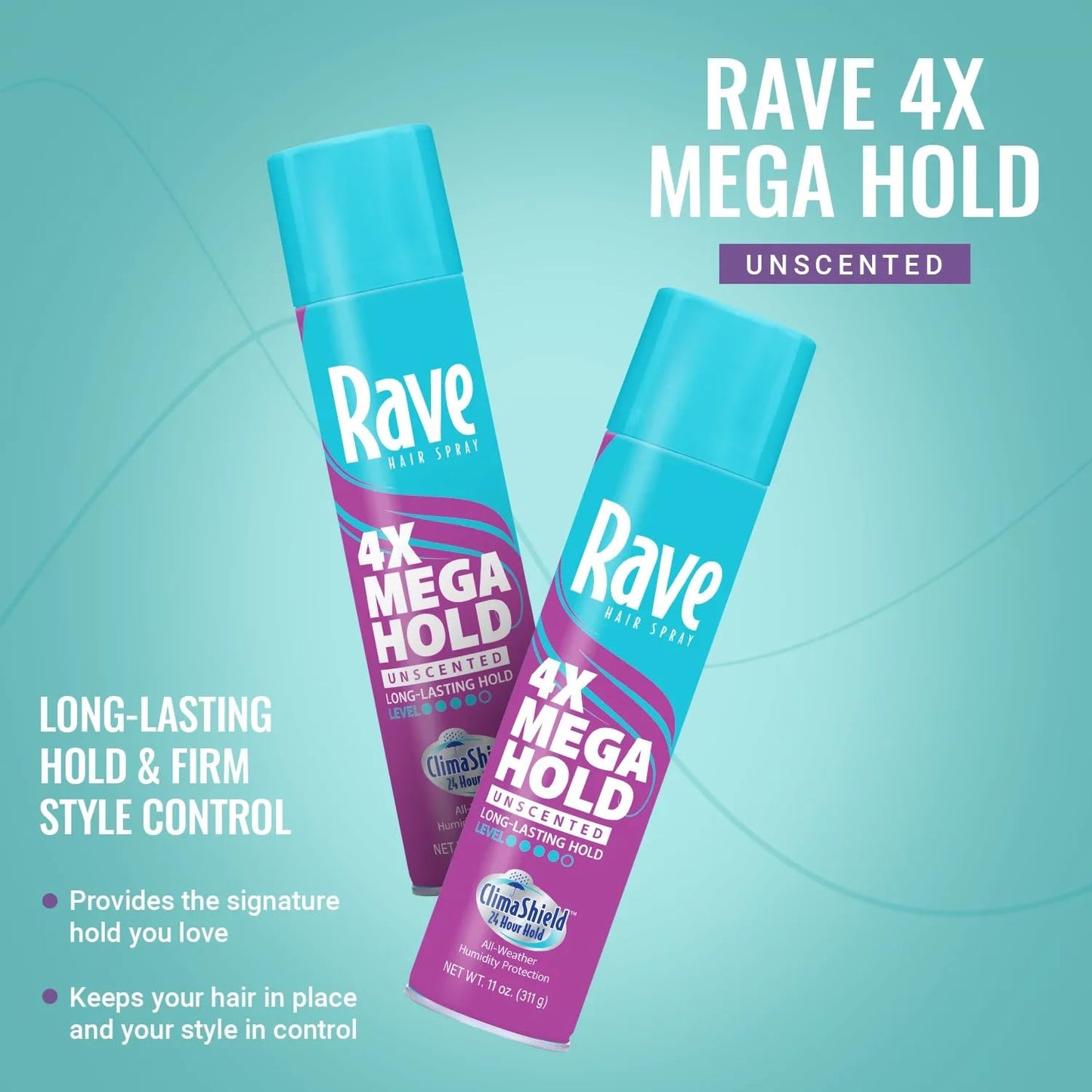 Rave 4X Mega Unscented Aerosol Hairspray - Hair Spray for High Humidity Weather - 24-Hour Lasting Hold - Vitamin-Enhanced Hair Volume Spray - 4 pc Beauty & Personal Care rave