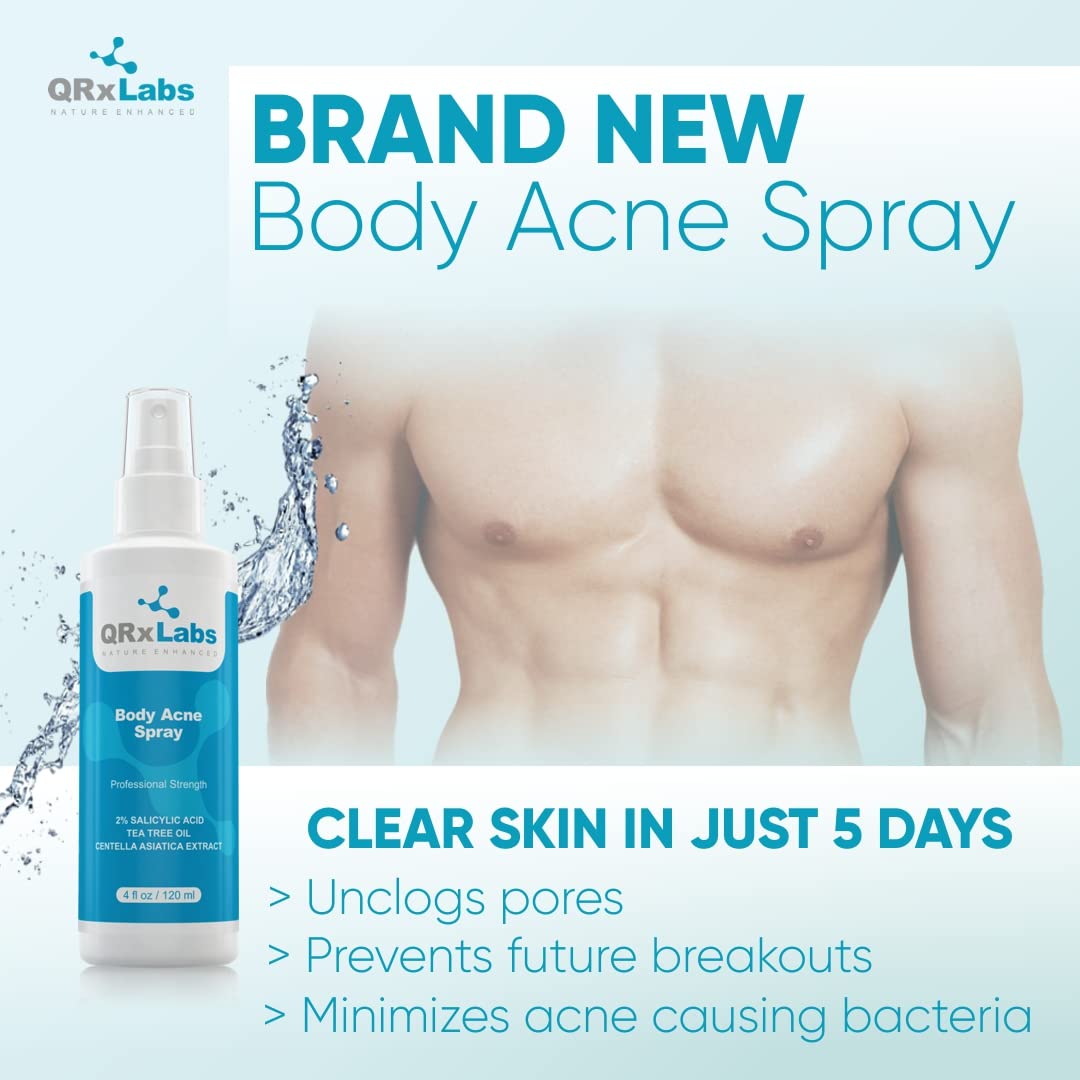 QRxLabs NEW! Body Acne Spray with 2% Salicylic Acid, Tea Tree Oil and Centella Asiatica Extract - Controls breakouts on back, arms, chest- 4 fl oz Beauty & Personal Care QRxLabs
