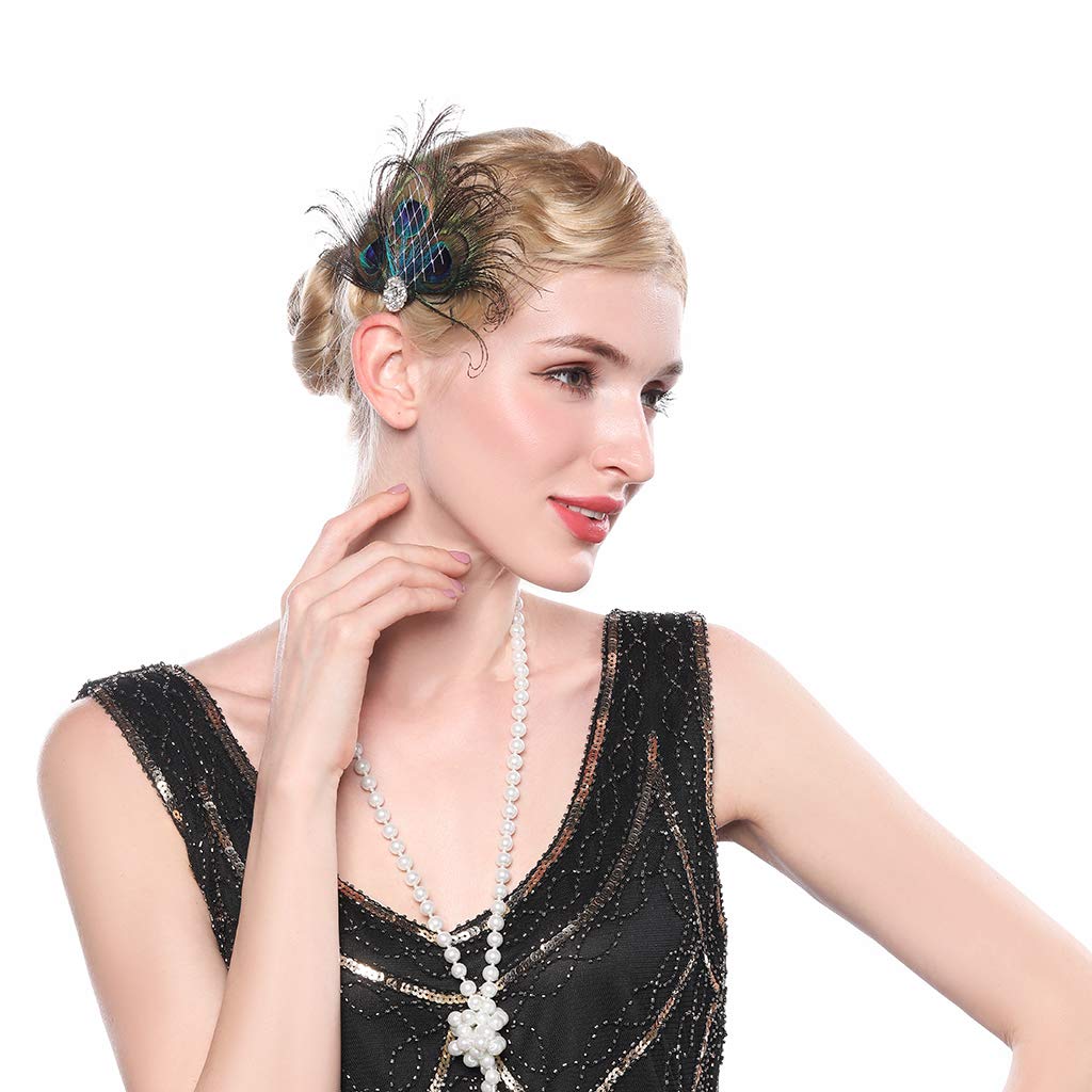 Aimimier 1920s Flapper Peacock Feather Hair Clip Crystal Hair Piece Vintage Roaring 20s Prom Party Festival Hair Accessories for Women Beauty & Personal Care Aimimier