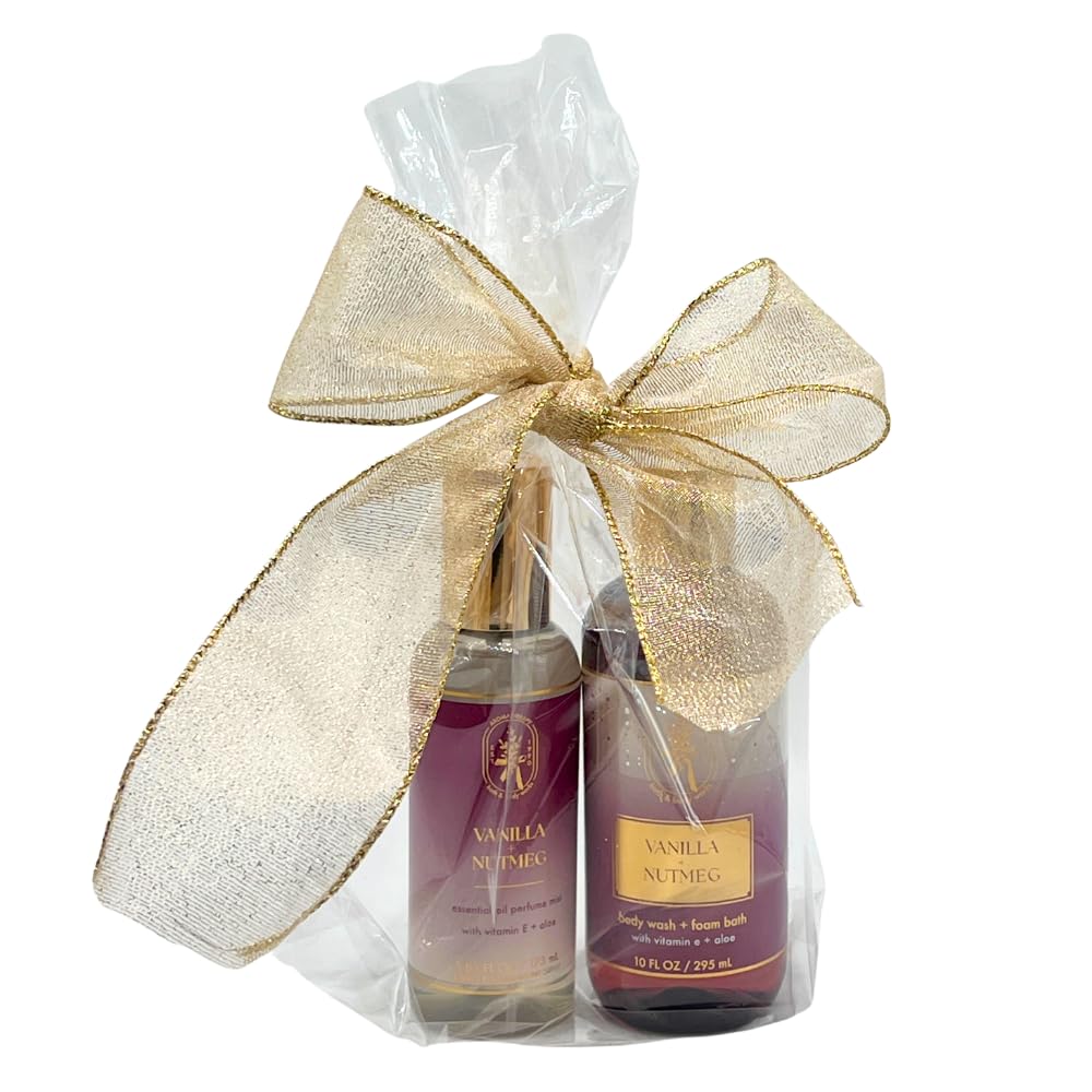 Bath & Body Works Aromatherapy Vanilla Nutmeg Essential Oil Mist and Body Wash & Foam Bath 2-piece Gift Set with a 30-inch Gold Metallic Ribbon Beauty and Personal Care Bath & Body Works